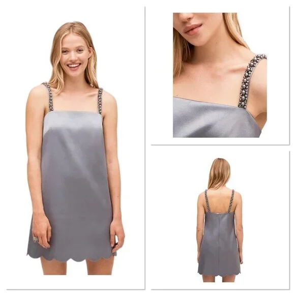 KATE SPADE Pearl Pave Straps Sleeveless Shift Dress Gray Silver Scalloped Hem Sm
