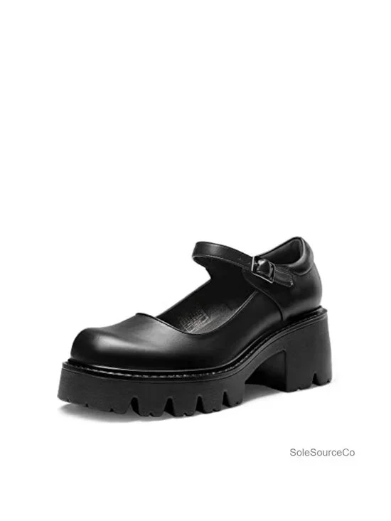 Platform Mary Jane Pumps - Chunky Low Heel Round Toe Ankle Strap PU Faux Leather