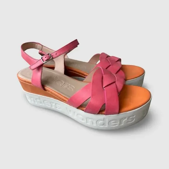 Wonders Fly Pink Leather Wedge Leather Sandals Women’s 41 Strappy Platform