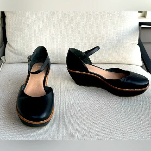 Camper Black Leather Mary Jane Platform Wedges