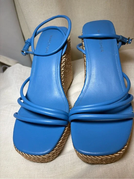 Marc Fisher Blue Strappy Platform Wedge Sandals 9M Gold Rope Resort NWOT