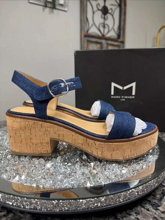 Marc Fisher Quessa Blue Denim Cork Platform Sandal NEW 9
