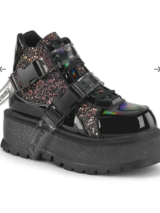 DEMONIA SLACKER-50 BLACK PATENT MULTI GLITTER ANKLE PLATFORM BOOTS