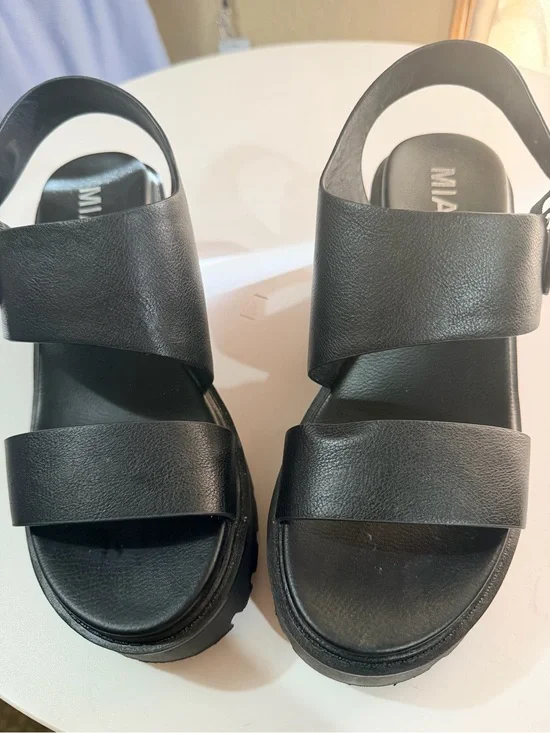 MIA Black Leather Double Strap Platform Sandals