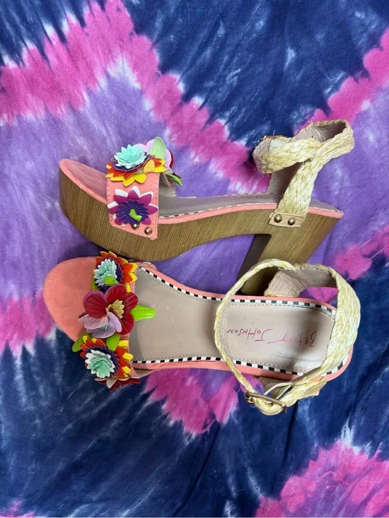 Betsey Johnson Coral Pink Floral Platform Sandals with Braided Ankle Strap