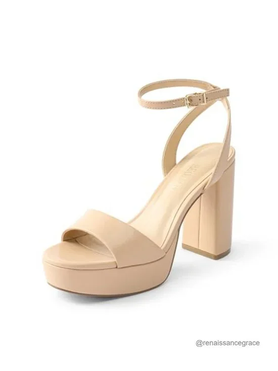 Platform High Heels Women Chunky Sandals 4.13 Inch Heel Faux Leather Ankle Strap