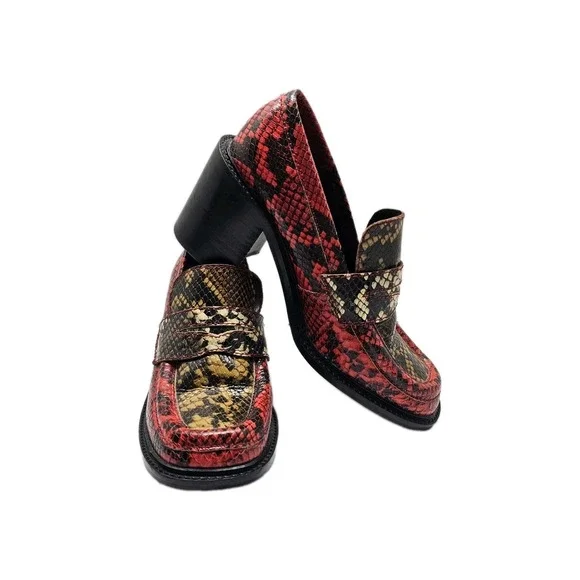 ASOS Womens Sz 6 Chunky Loafers Red Black Faux Snakeskin 3