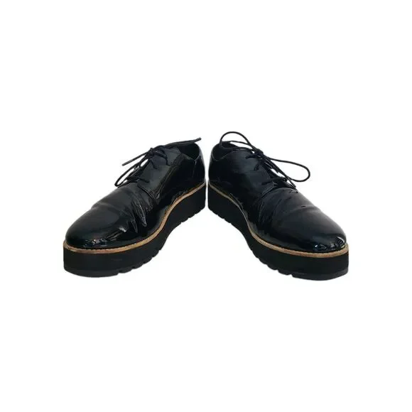 Eileen Fisher Eddy Black Patent Leather Platform Oxfords Sz 11 Corporate Goth