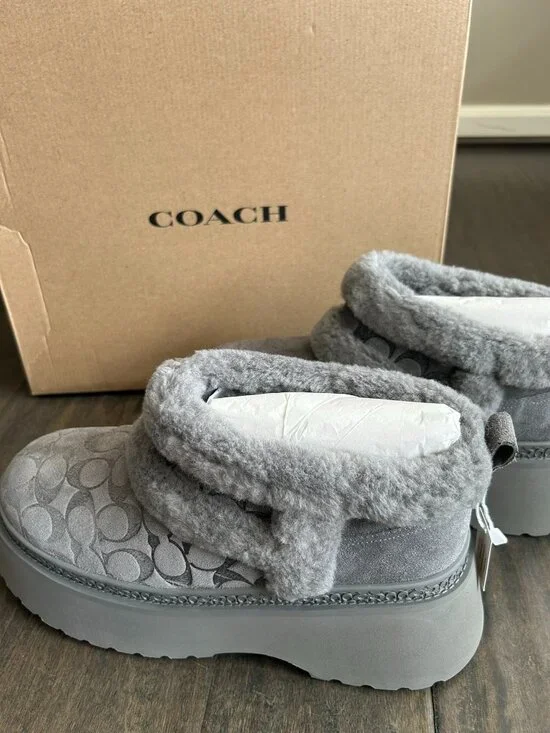 Coach Christina Signature Shearling Platform Boot Charcoal Gray Women 11