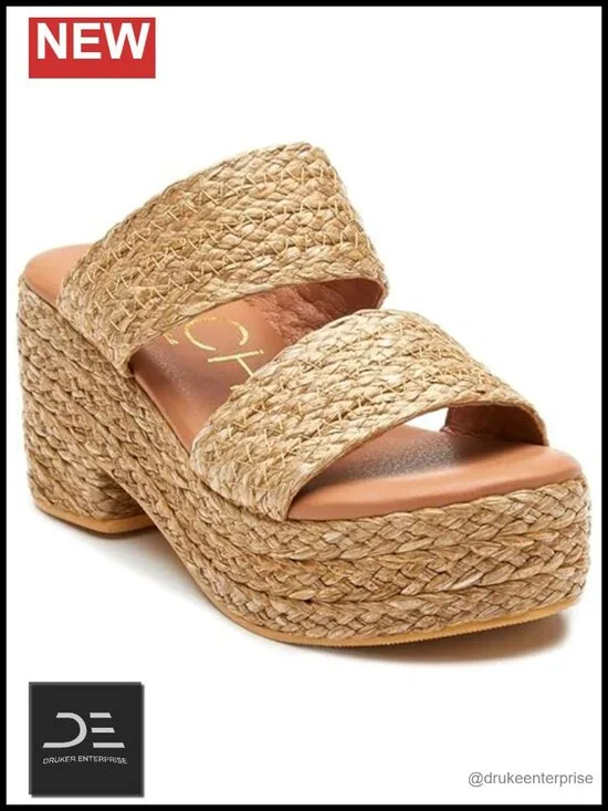 Woven Raffia Platform Wedge Sandals with Padded Footbed