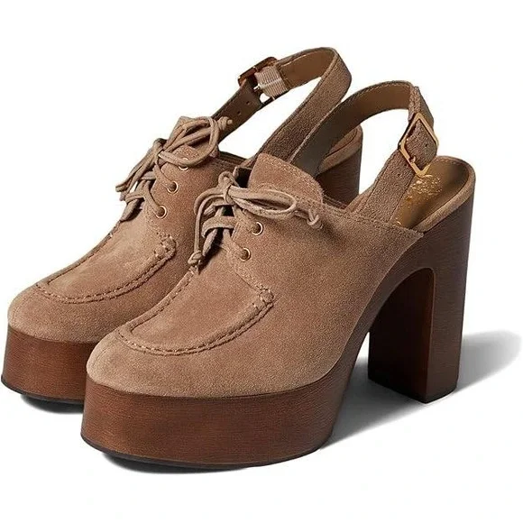 Vince Camuto Inerta Platform Sandals Tan Suede Wood Block‎ Heel Lace Up 8M