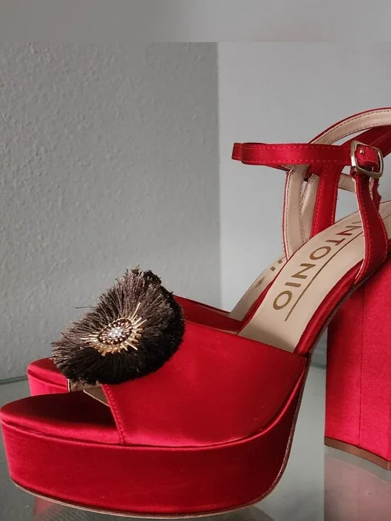 Melani Red Velvet Platform Sandals with Decorative Fringe