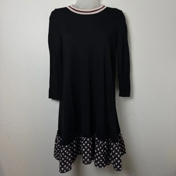 Kate Spade New York Wool Knit Mixed Media Ruffle Hem Sweater Dress Black XS