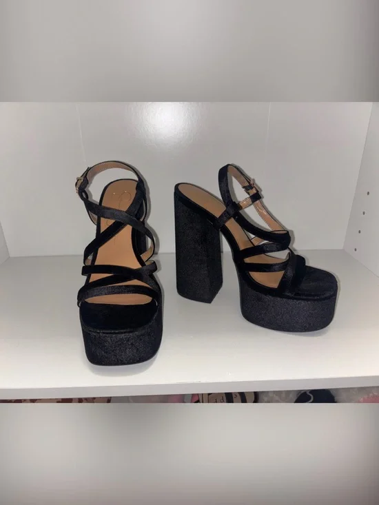 Jessica Simpson Black Velvet Strappy Platform Block Heels