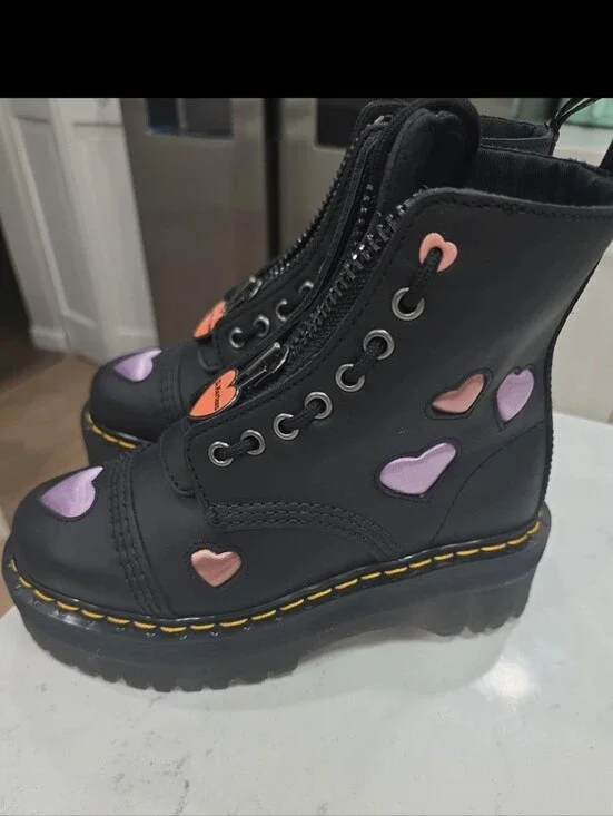 Dr Martens Women's Sinclair Hearts Platform Boots Black Satin Lux Size 5