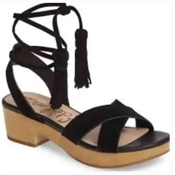 SAM EDELMAN Jenna Ankle Wrap Wooden‎ Clog Sandals Retro Lace Up Black Sz 7