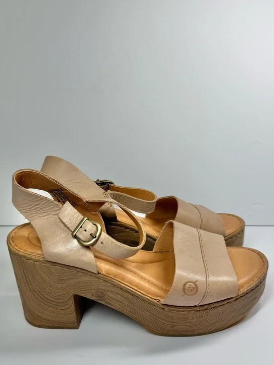 Born‎ Beige Leather Platform Sandals with Wood-Look Wedge Women’s Size 7M