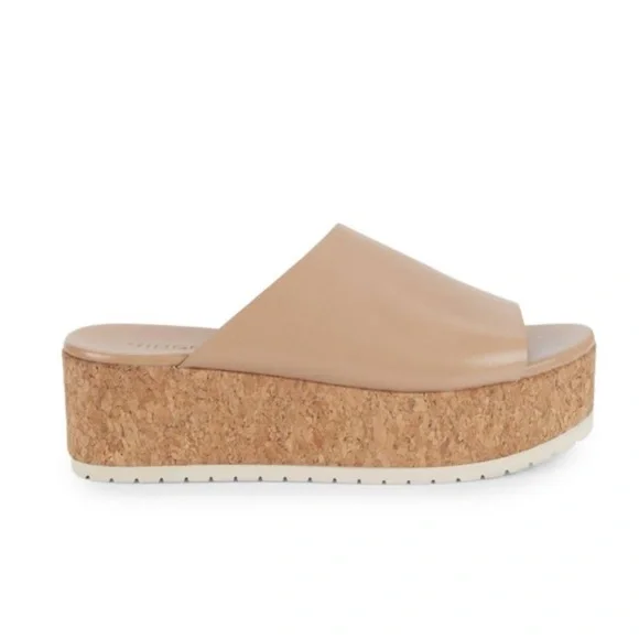 VINCE Women US 10M Cappuccino James-B Leather Platform Sandals‎ Slides