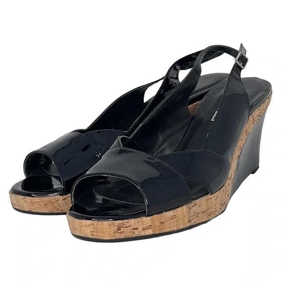 VAN ELI Wedge Heel Sandals Sling Back Open Toe Black Patent Leather Cork 9.5