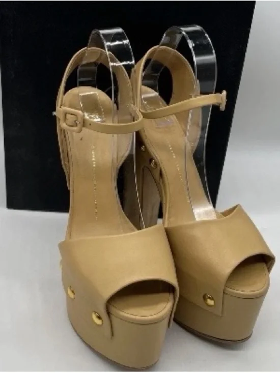Giuseppe Zanotti Tan Platform Peep-Toe Sandals with Gold Studs