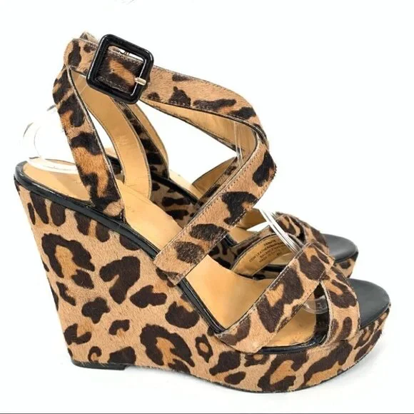 Nine West heels fannyr size 8 Cheetah print calf hair platform strappy wedges