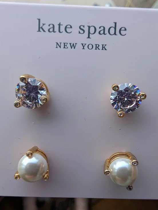 kate spade Gold Crystal and Pearl Stud Earring Set - White & Clear