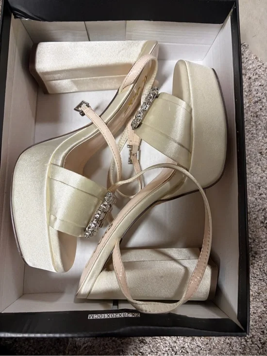 Lulu's Ivory Satin Platform Heel Sandals with Rhinestone Accent