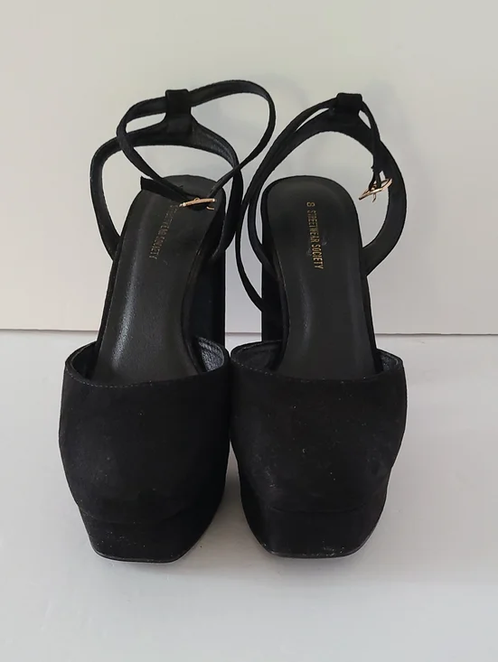 STREETWEAR SOCIETY BLACK SUEDE PLATFORM BLOCK HEEL -ANKLE STRAP- SANDALS- SIZE 8