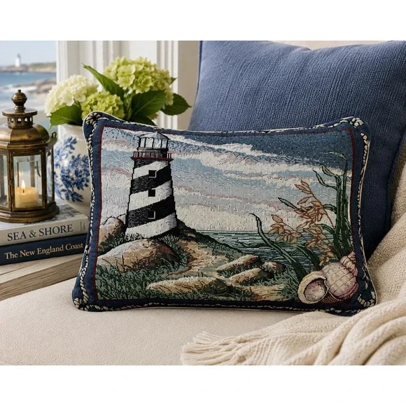 Woven Light House Ropes Sea Shore Blue Tapestry Pillow 17
