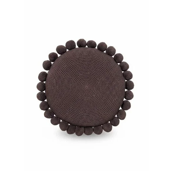 Crate and Barrel Pico Round Pom Pom Pillow‎ grey Hand Knit Cotton 18