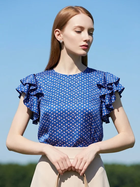 Kate Spade Blue Blouse Geo Dot Ruffle Sleeve  Corpcore Office Size XS Romantic