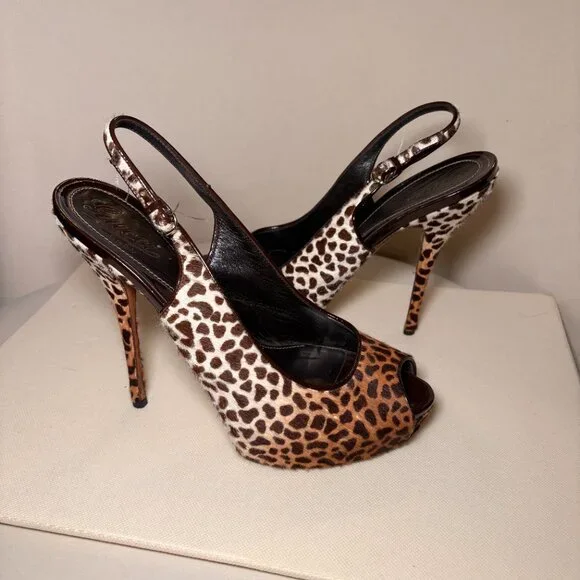 GUCCI Sofia Platform Peep Toe Slingback Pumps, Leopard Print Calf Hair, Sz 40