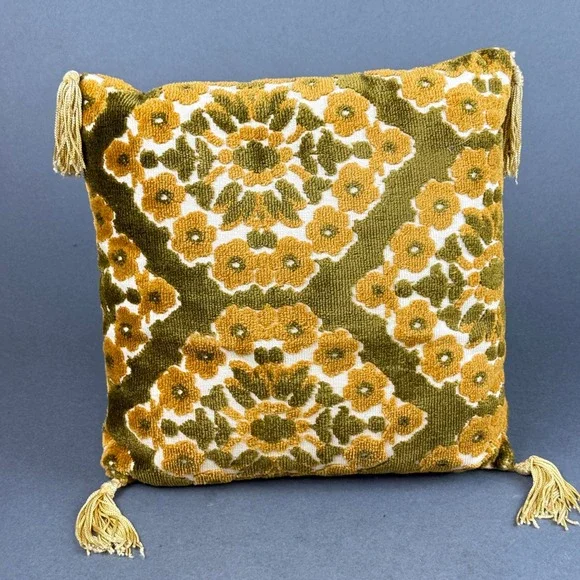 Vintage Floral Throw Pillow Olive Green Mustard Yellow Tassels Retro 1970's