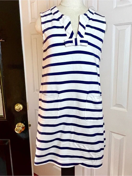 KATE SPADE Navy Blue White Striped Sleeveless Dress Bow Pockets Size Large