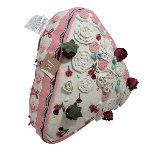 World Market Strawberry Floral Triangle Cake Slice Throw Pillow Wool Blend NWT