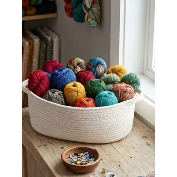 Cotton Rope Basket Oval White-Basket Only