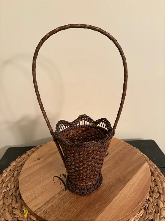 Antique Handwoven Dark  Brown Decorative Basket with Tall Handle