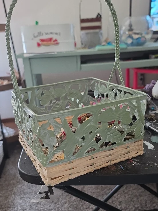 Woven Basket with Green Metal Floral Trim - Home Accents