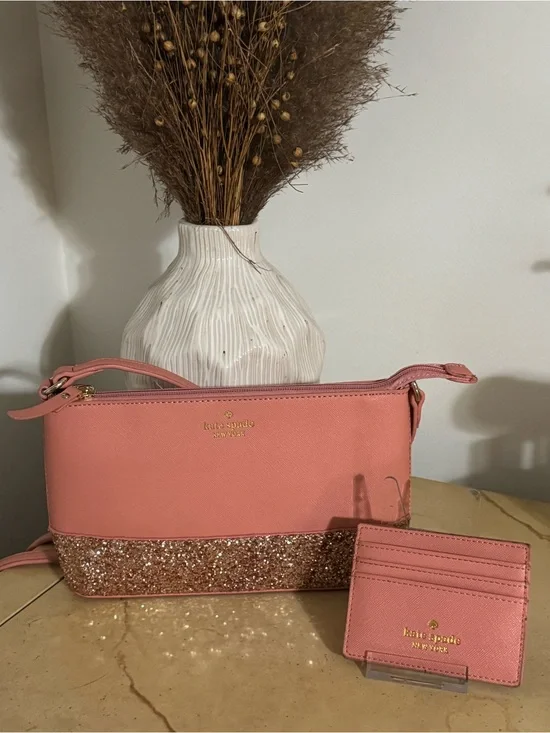 kate spade Coral Pink Crossbody with Glitter Trim & Matching Card Case