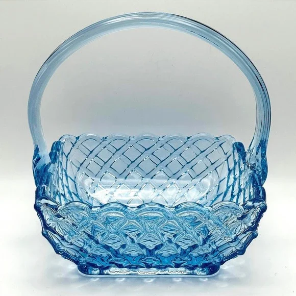 Vintage L.E. Smith Blue Glass Trellis Basket Woven Lattice Handle Cottagecore