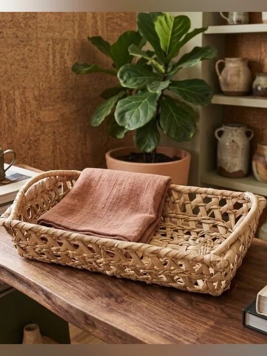 VTG Boho Hand Woven Open Weave Rectangular Tray Basket Natural Reed Palm Leaf