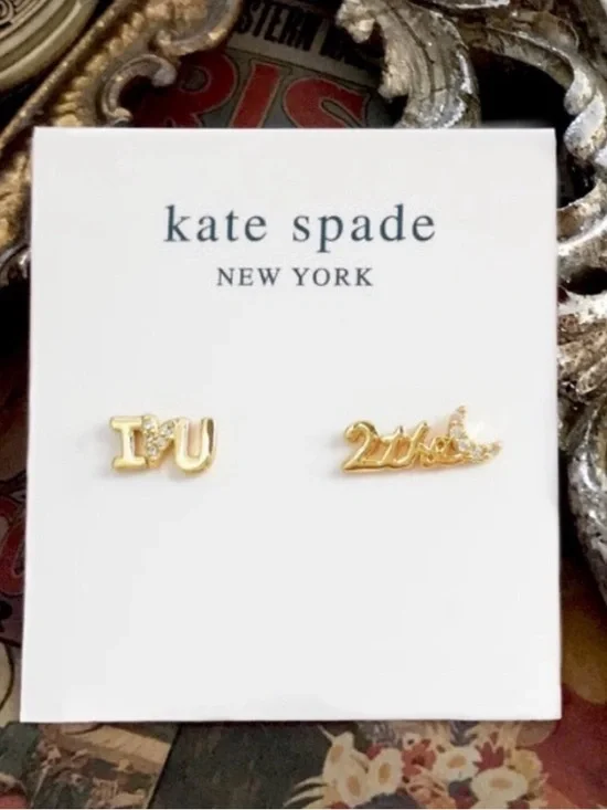 kate spade gold tone I ♥ U and 2 the moon crystal stud earrings