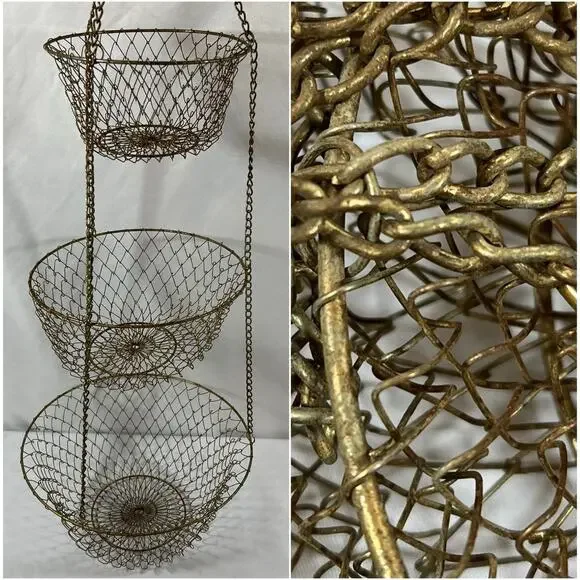 Vintage 3 Tier Distress Brass Gold Patina Metal Hanging Wire Fruit Basket