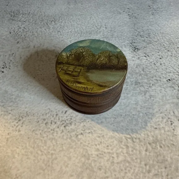 Hand Painted Folk Art Round Wooden Trinket Box Lake Scene Signed By F. Bowman