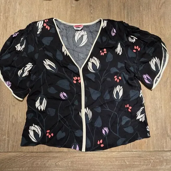 Kate Spade Deco Bloom Crepe Blouse Black Floral Lotus‎ Size M