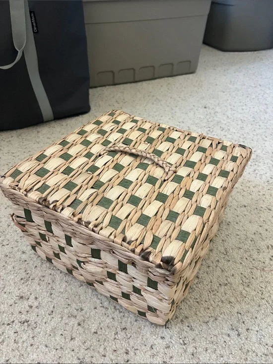 Woven Storage Basket with Lid - Natural and Green