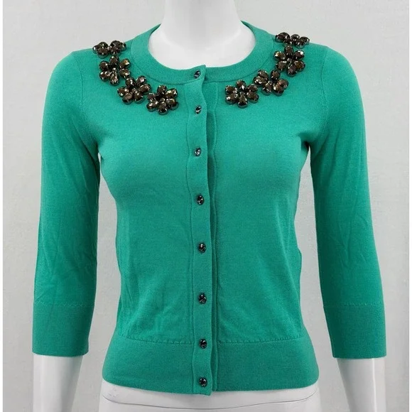 Kate Spade Sweater Womens XS Green Leni‎ Cardigan Jeweled Preppy Office Holiday