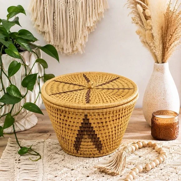 African Lidded Basket Handwoven Raffia Geometric Boho Afrohemian Decor Storage