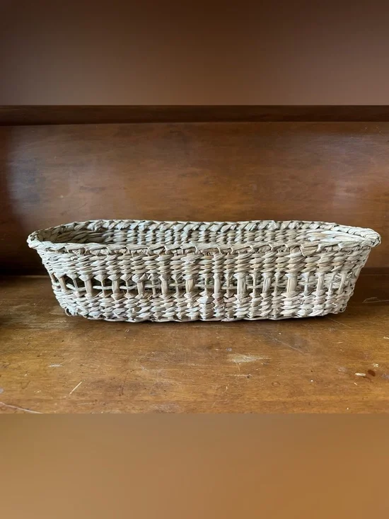 Vintage Handwoven Natural Fiber Bread Basket Long Oval Open Weave Rustic 16”