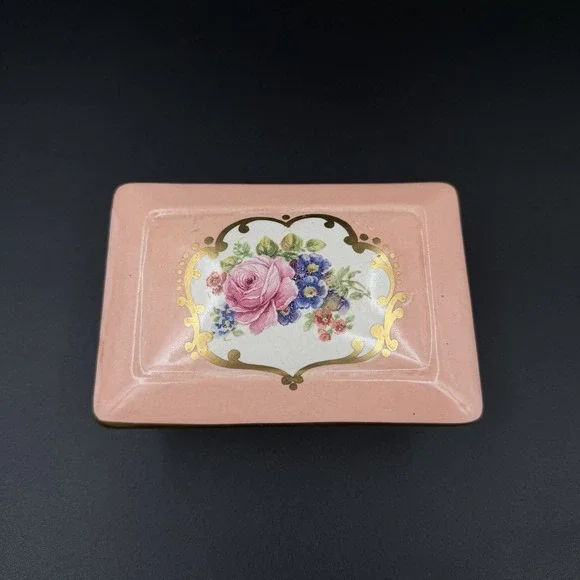 Vintage Limoges Hand Painted Porcelain Trinket Box Pink Floral Gold 5